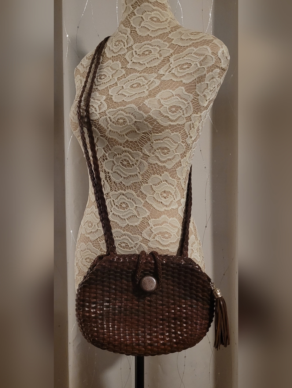 Vintage Cosci Italy Woven Leather Tassel Crossbody Bag OS